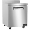 A stainless steel commercial refrigerator on wheels with a single door and a black handle, featuring the Valiance by Everidge brand label on the bottom right.