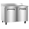 A stainless steel commercial refrigerator with two doors, black handles, and wheels, placed against a white background.