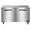 Stainless steel commercial refrigerator with two doors and a flat top, on four caster wheels.