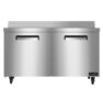 Stainless steel commercial refrigerator with two doors and a flat top, on four caster wheels.