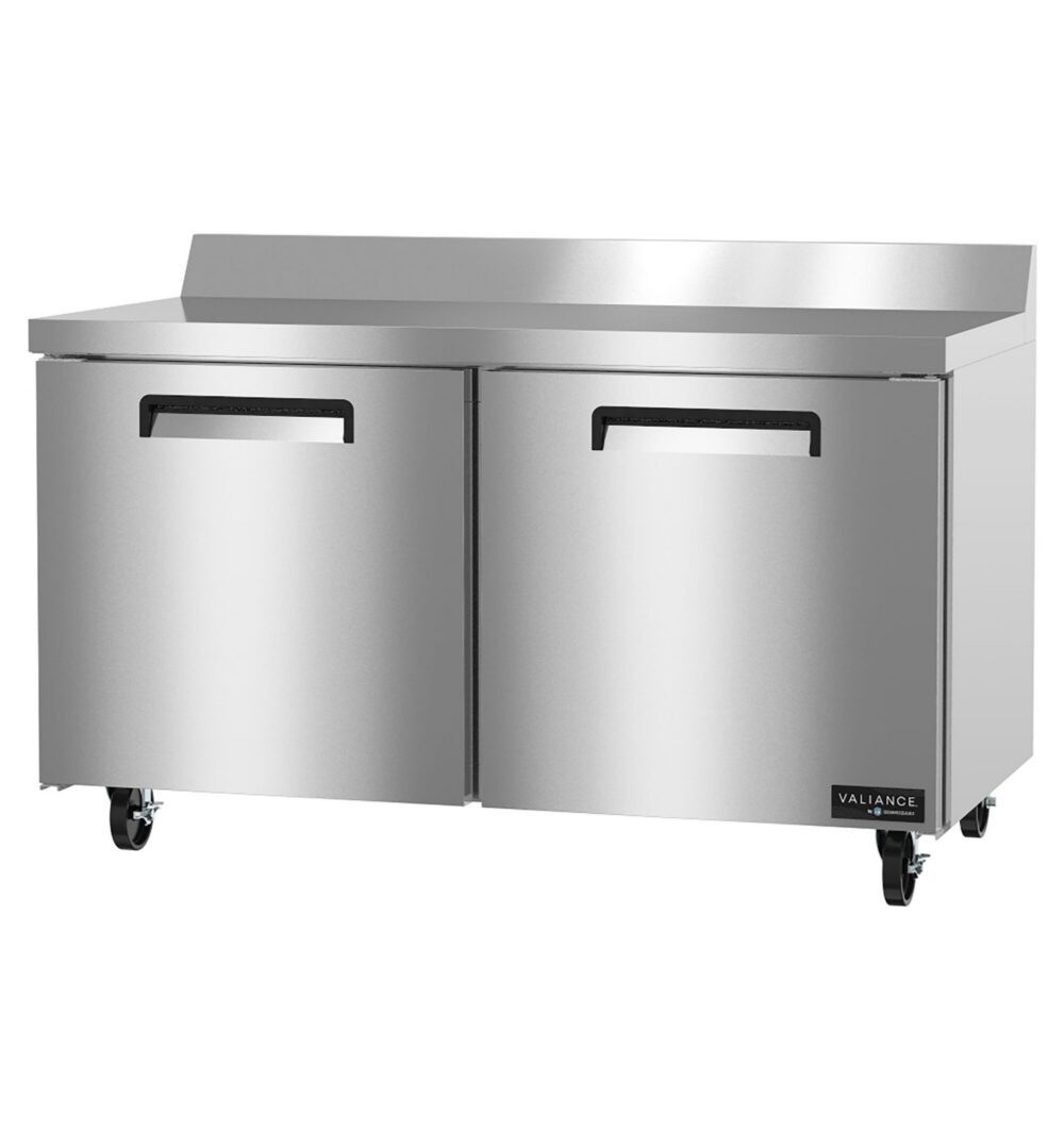 A stainless steel commercial refrigerator with two doors, black handles, a raised backsplash, and wheels for mobility.