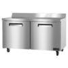 A stainless steel commercial refrigerator with two doors, black handles, a raised backsplash, and wheels for mobility.