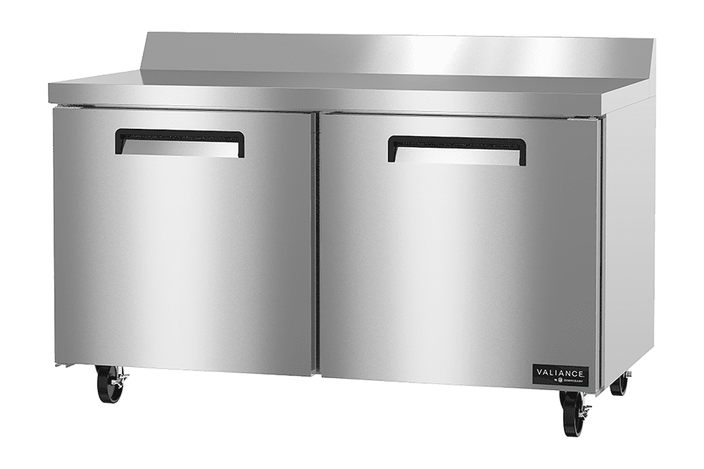 Stainless steel commercial refrigerator with two doors, back splash, and caster wheels on the bottom.