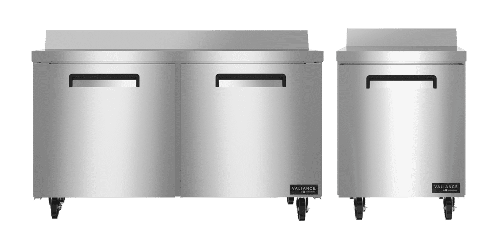 Two stainless steel commercial refrigerators with front doors and wheels, one larger with double doors and one smaller with a single door, both on a white background.