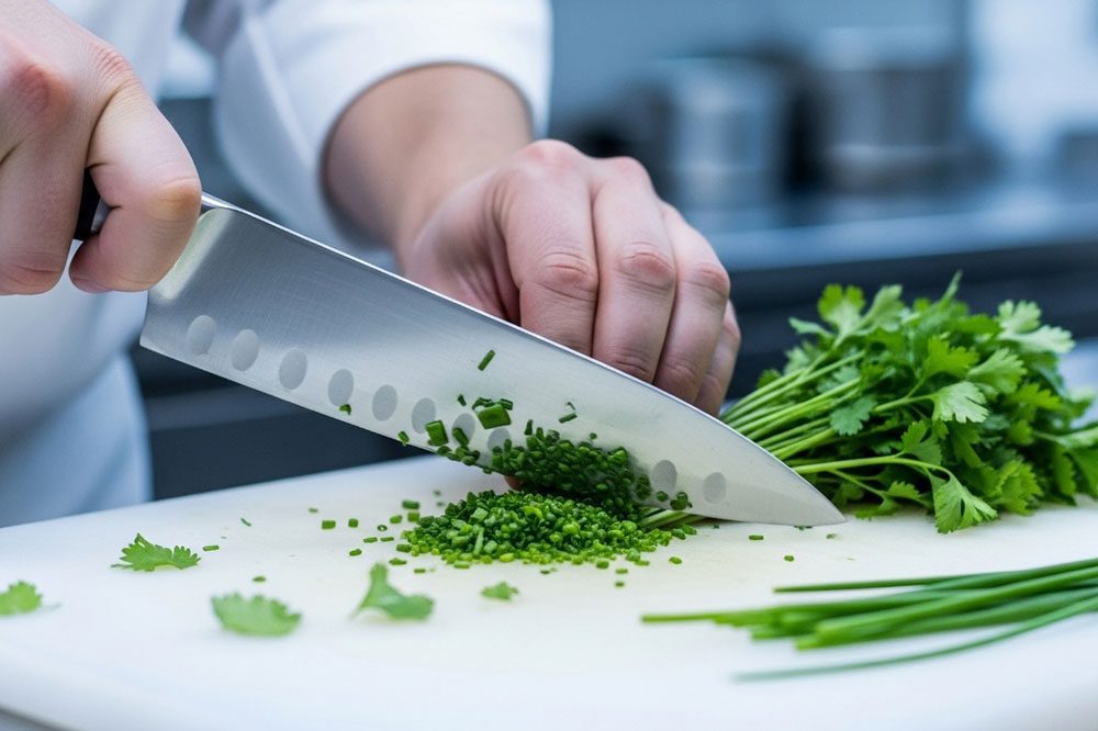 A person uses a large kitchen knife to chop fresh green herbs on a white cutting board.