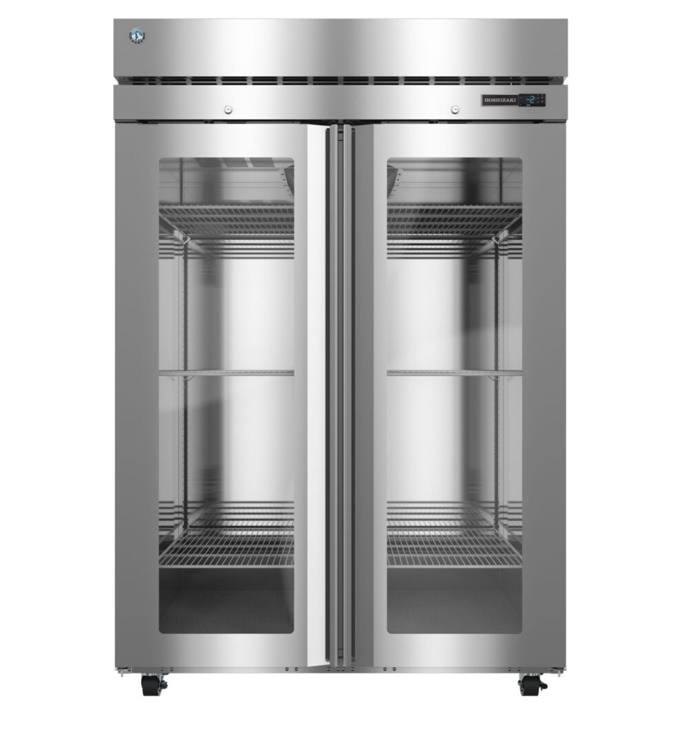 Commercial stainless steel double-door refrigerator with glass doors, adjustable shelves, and digital temperature display, shown empty against a white background.