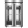 Commercial stainless steel double-door refrigerator with glass doors, adjustable shelves, and digital temperature display, shown empty against a white background.