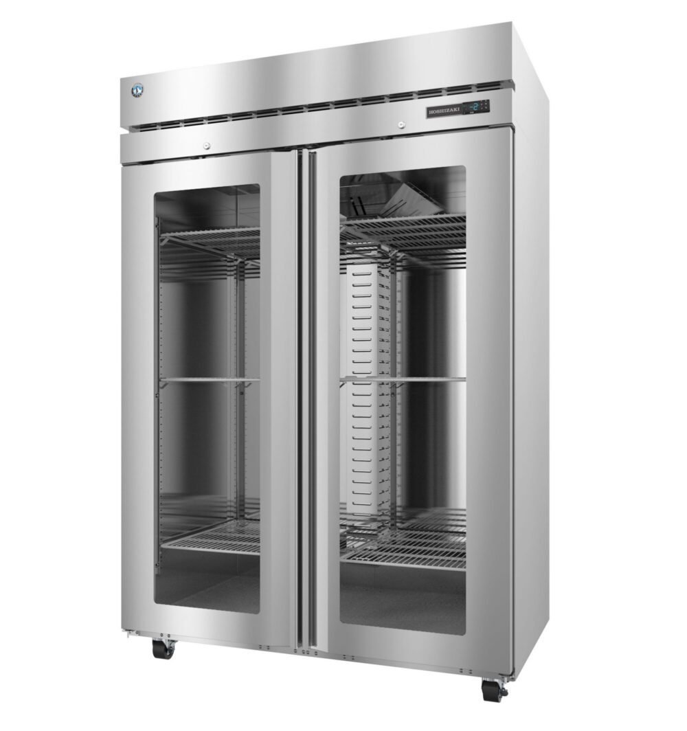 Stainless steel commercial refrigerator with two glass doors, three interior shelves, and casters for mobility.