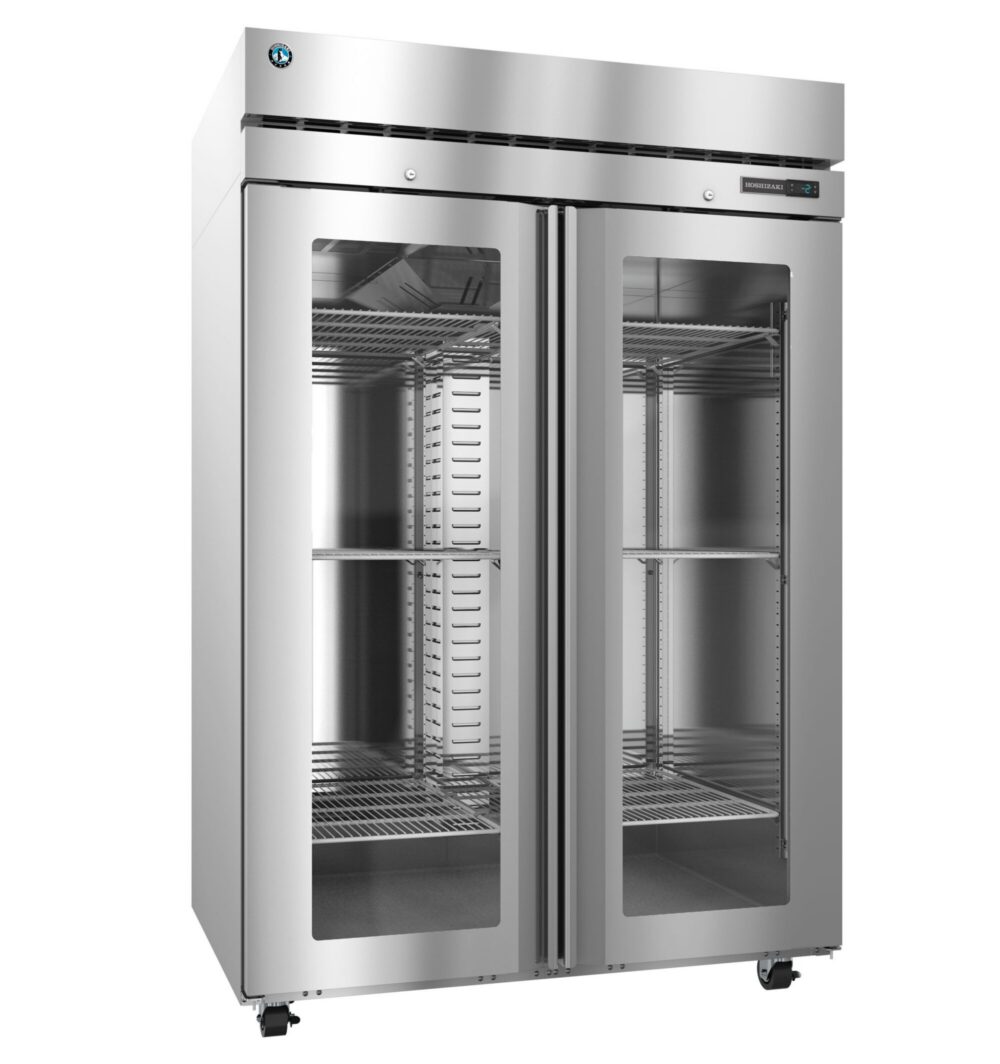 Commercial stainless steel double-door refrigerator with glass doors, empty interior, and adjustable shelves, on wheels.
