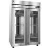 Commercial stainless steel double-door refrigerator with glass doors, empty interior, and adjustable shelves, on wheels.