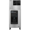 Commercial-grade stainless steel ice dispenser with black dispensing area, standing on four legs, and labeled "ICE DISPENSER" on the front panel.