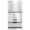 Commercial stainless steel ice maker machine with two indicator lights, two push buttons, and an ice dispensing area at the bottom, shown against a white background.