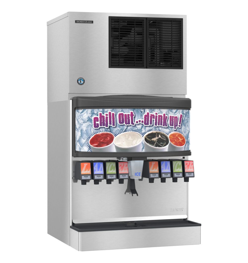 A commercial soda fountain machine with an ice dispenser and multiple drink options, featuring a sign that says