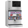 A commercial soda fountain machine with an ice dispenser and multiple drink options, featuring a sign that says "Chill out... drink up!" above the dispensers.