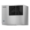 A Hoshizaki stainless steel commercial ice maker with black vented panels on the front.