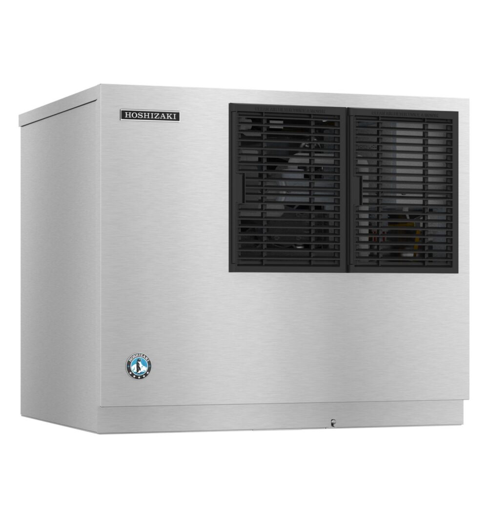 A stainless steel Hoshizaki ice machine with two black vented panels on the front and a brand logo in the top left corner.