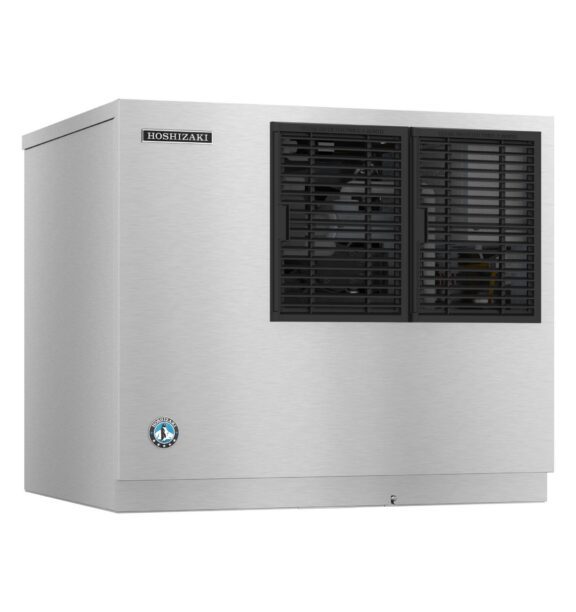 A stainless steel Hoshizaki ice machine with two black vented panels on the front and a brand logo in the top left corner.
