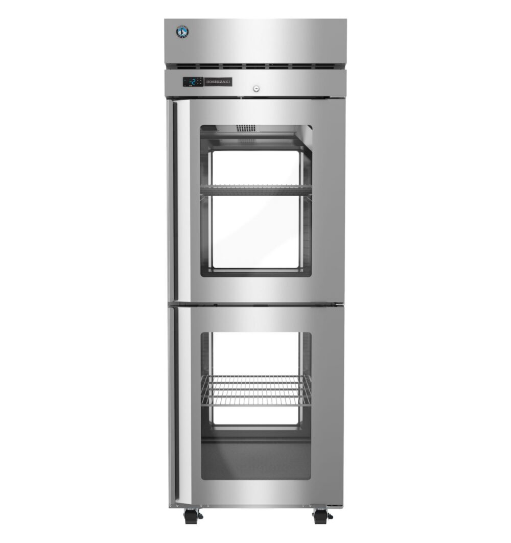 Stainless steel commercial refrigerator with two glass doors, each revealing wire shelves inside, and digital temperature display on the top section.
