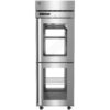Stainless steel commercial refrigerator with two glass doors, each revealing wire shelves inside, and digital temperature display on the top section.
