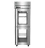 Stainless steel commercial refrigerator with two glass doors, each revealing wire shelves inside, and digital temperature display on the top section.