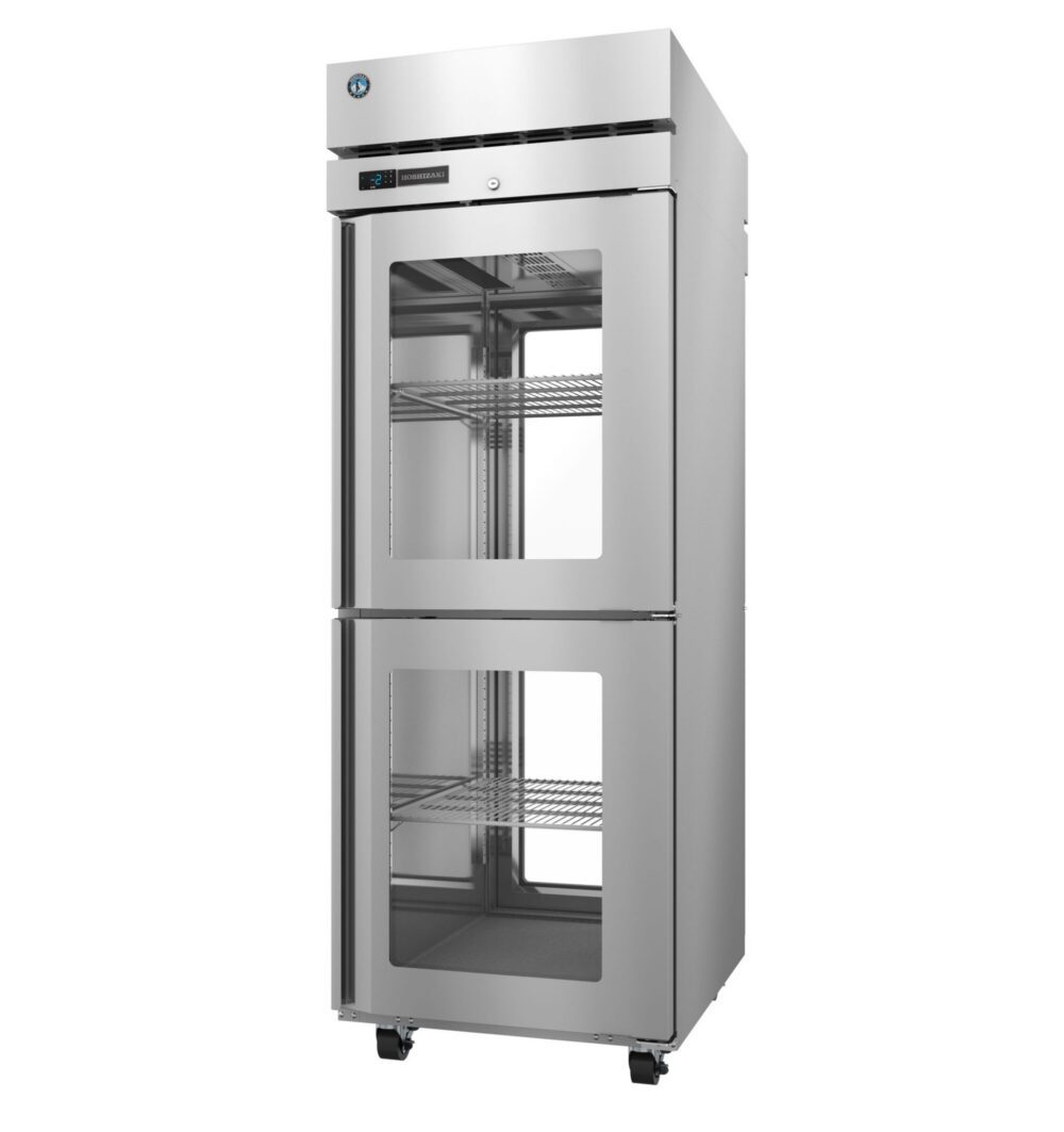 Commercial stainless steel refrigerator with two glass doors, metal shelves, and casters for mobility, shown against a white background.