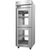 Commercial stainless steel refrigerator with two glass doors, metal shelves, and casters for mobility, shown against a white background.