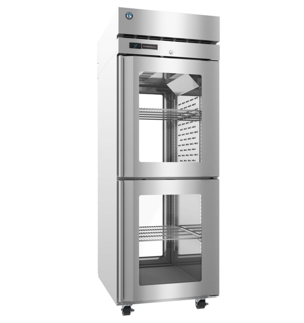 A commercial stainless steel refrigerator with glass doors, adjustable wire shelves, digital temperature display, and caster wheels.