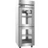 A commercial stainless steel refrigerator with glass doors, adjustable wire shelves, digital temperature display, and caster wheels.