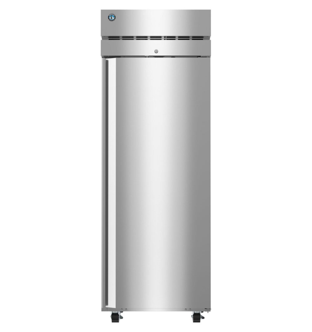 A single-door, upright commercial stainless steel refrigerator with a vertical handle and vented top section, shown against a plain white background.