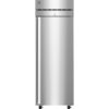 A single-door, upright commercial stainless steel refrigerator with a vertical handle and vented top section, shown against a plain white background.