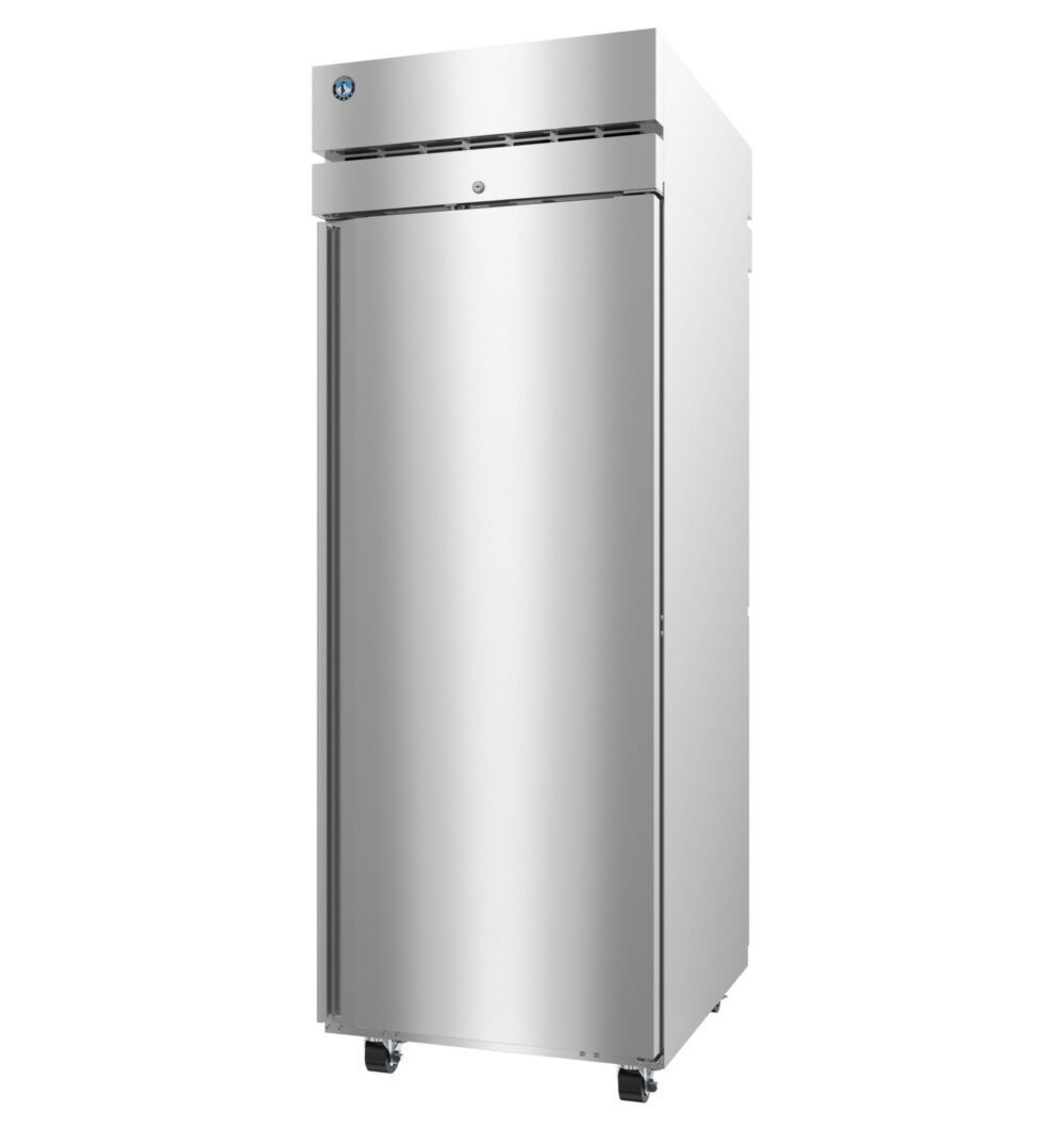 A stainless steel commercial refrigerator with a single solid door, ventilation grille on top, and casters for mobility.
