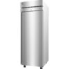 A stainless steel commercial refrigerator with a single solid door, ventilation grille on top, and casters for mobility.