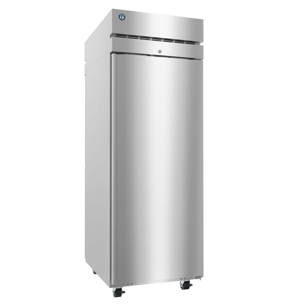 A stainless steel commercial refrigerator with a single door, vented top section, and four caster wheels, shown against a white background.