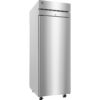A stainless steel commercial refrigerator with a single door, vented top section, and four caster wheels, shown against a white background.