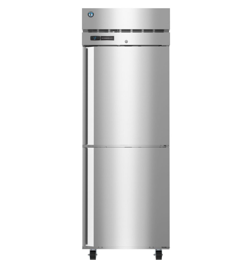 A commercial stainless steel refrigerator with a digital display, single door, and vented top, standing upright on adjustable legs.