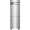 A commercial stainless steel refrigerator with a digital display, single door, and vented top, standing upright on adjustable legs.