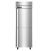 A commercial stainless steel refrigerator with a digital display, single door, and vented top, standing upright on adjustable legs.