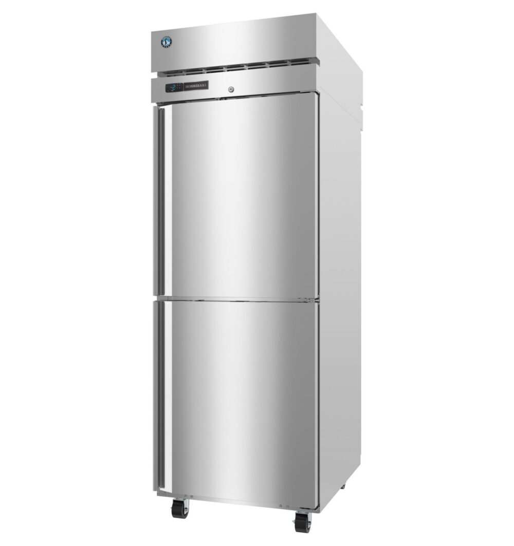 Stainless steel commercial refrigerator with double doors, digital display, and wheels for mobility, shown against a plain white background.