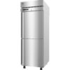 Stainless steel commercial refrigerator with double doors, digital display, and wheels for mobility, shown against a plain white background.
