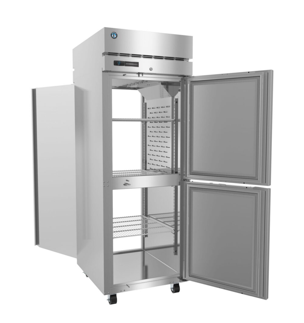 Commercial stainless steel refrigerator with double doors open, showing empty interior shelves and compartments.