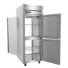 Commercial stainless steel refrigerator with double doors open, showing empty interior shelves and compartments.