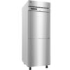 A stainless steel commercial refrigerator with two doors, a digital display, and wheels at the base for mobility.