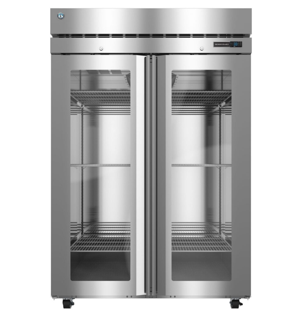 A stainless steel commercial refrigerator with double glass doors, empty interior, wire shelves, and a digital temperature display on the top right.