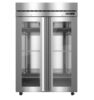 A stainless steel commercial refrigerator with double glass doors, empty interior, wire shelves, and a digital temperature display on the top right.