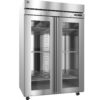 Stainless steel commercial refrigerator with two glass doors, interior shelves, and caster wheels, shown empty against a white background.