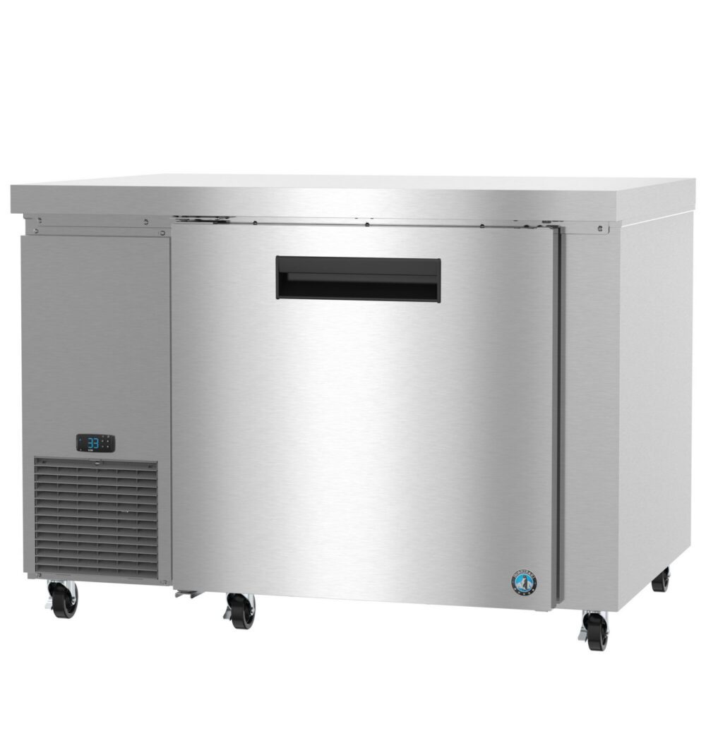 Stainless steel commercial undercounter refrigerator with a digital temperature display and caster wheels.