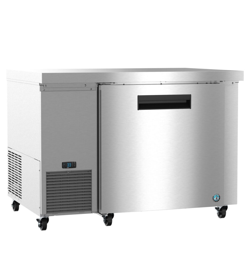 A stainless steel commercial refrigerator with a single door, horizontal handle, ventilation panel, digital display, and caster wheels.