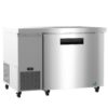 A stainless steel commercial refrigerator with a single door, horizontal handle, ventilation panel, digital display, and caster wheels.