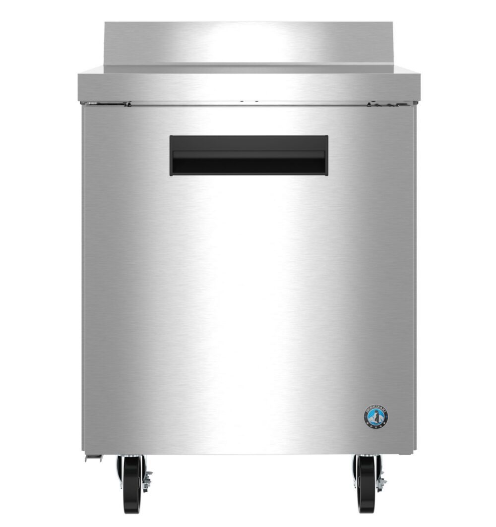 Stainless steel commercial refrigerator on wheels with a front handle and ventilation panel, viewed from the front.