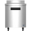 Stainless steel commercial refrigerator on wheels with a front handle and ventilation panel, viewed from the front.